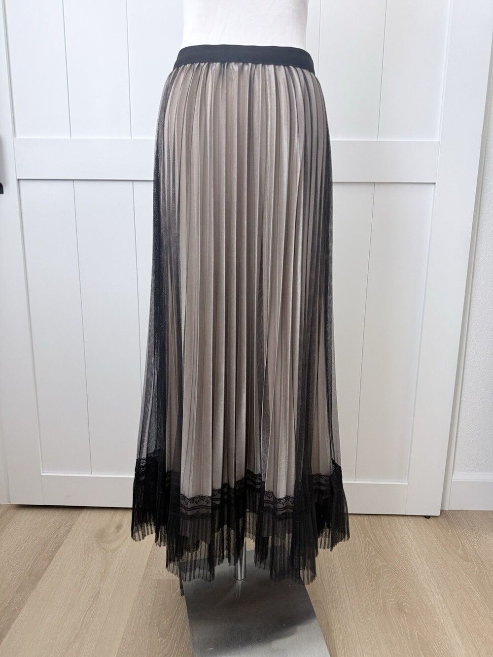 Pleated Mesh Lace Midi Maxi Skirt Black Champagne Calligraphie M Boho Romantic - Picture 16 of 16